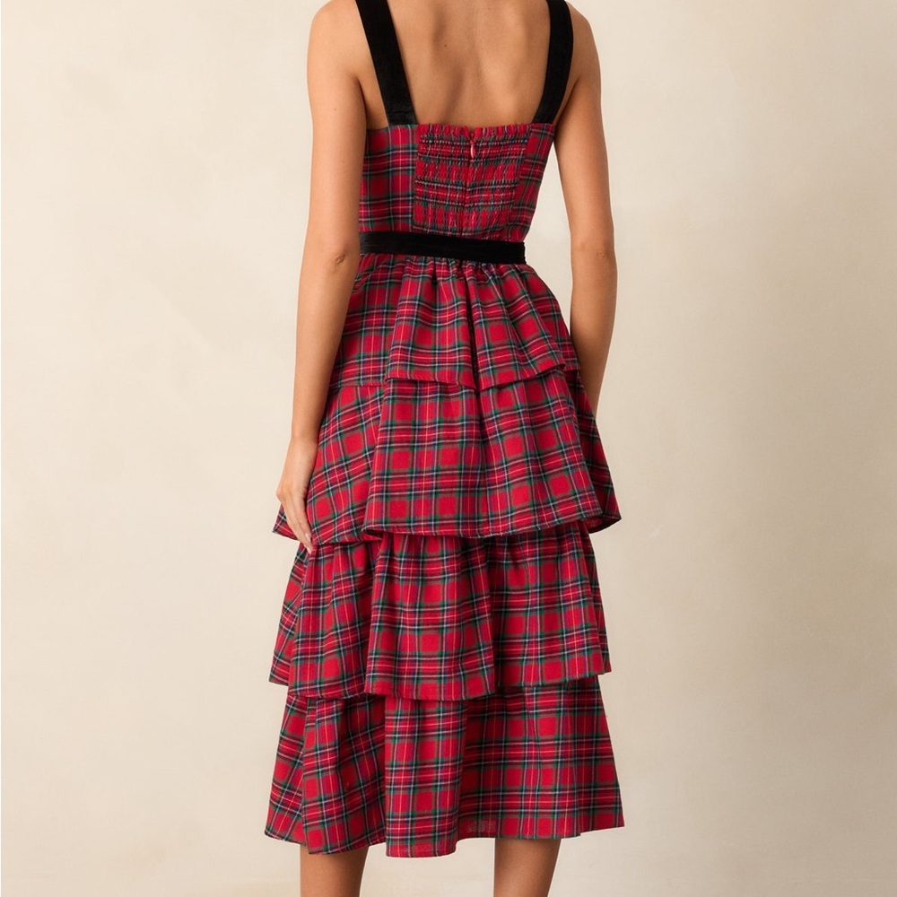 SUGARLIPS ELEGANCE DEFINED 100% COTTON RED PLAID TIERED MIDI DRESS - Picture 7 of 17